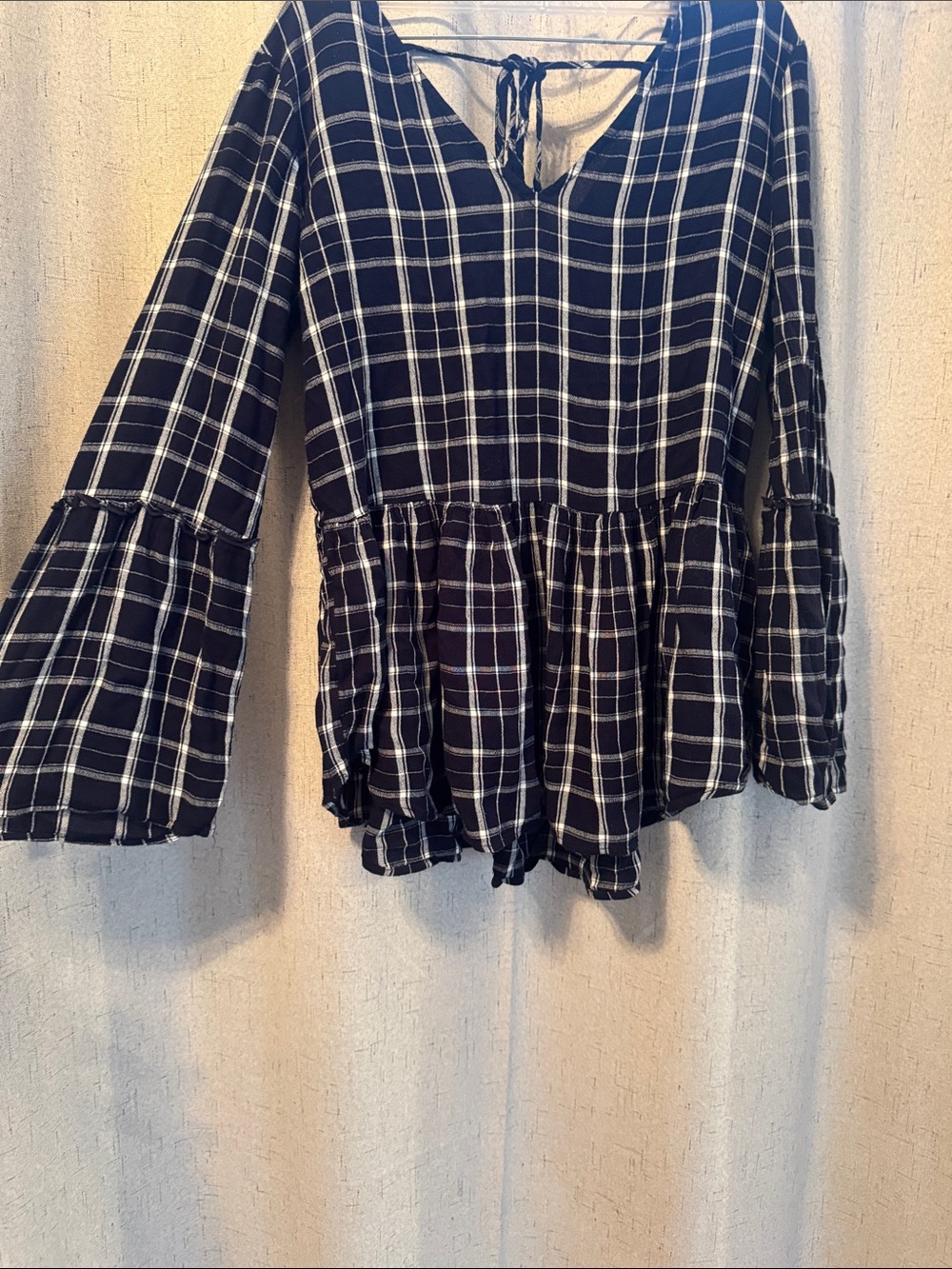 Maurices Navy and White Plaid Peplum V-Neck Tunic